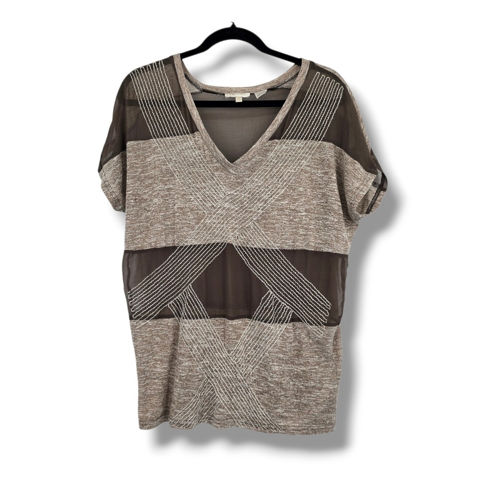 Miss Me Womens Brown Space Dye Mesh Mixed Media V-Neck Top Small RN112568